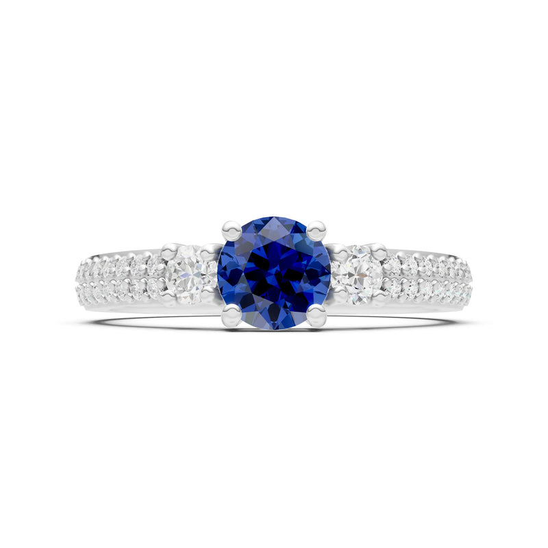 Blue Sapphire Three Stone Double Round Cut Pave Band