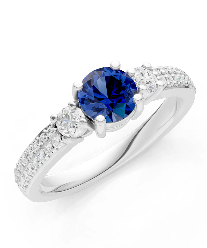 Blue Sapphire Three Stone Double Round Cut Pave Band