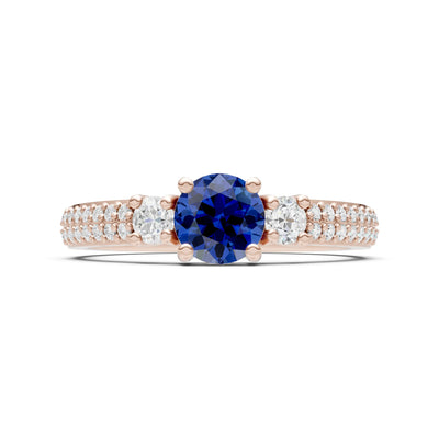 Blue Sapphire Three Stone Double Round Cut Pave Band