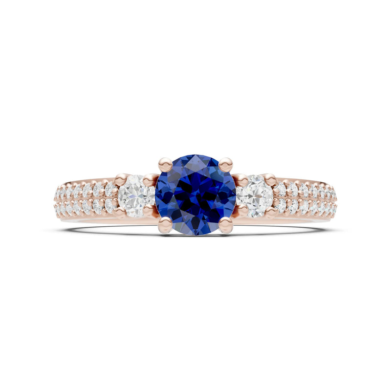 Blue Sapphire Three Stone Double Round Cut Pave Band
