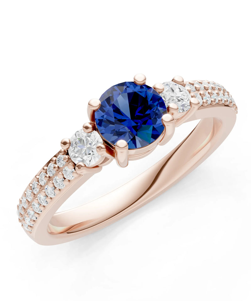 Blue Sapphire Three Stone Double Round Cut Pave Band
