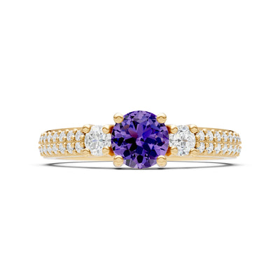 Amethyst Three Stone Double Round Cut Pave Band