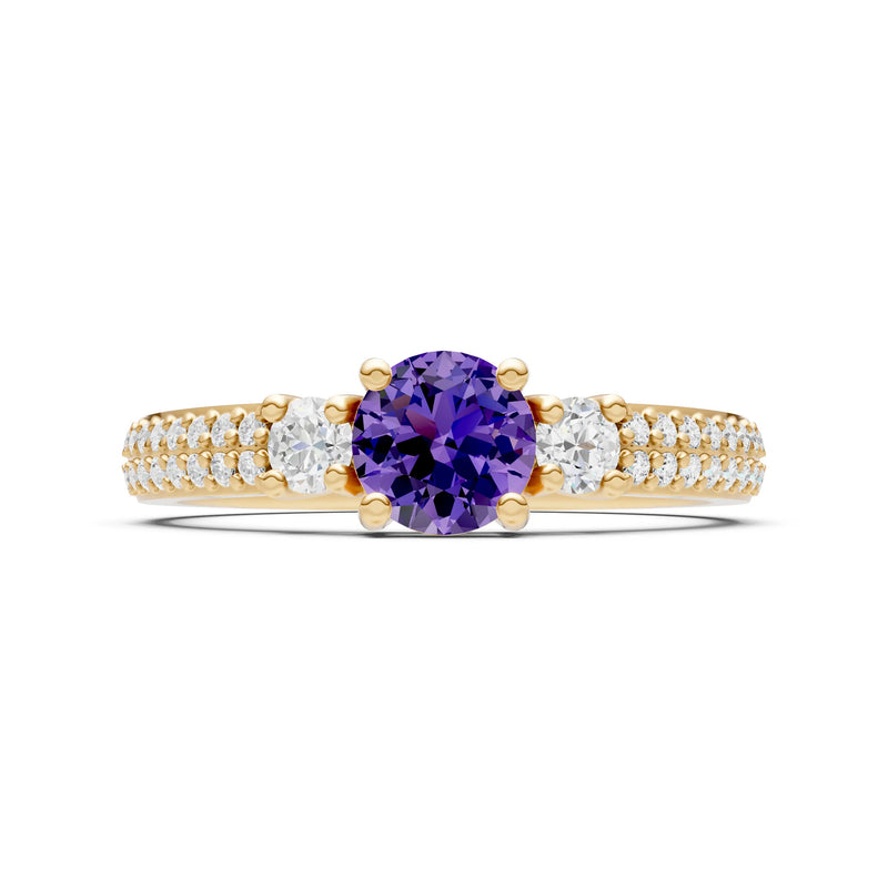 Amethyst Three Stone Double Round Cut Pave Band