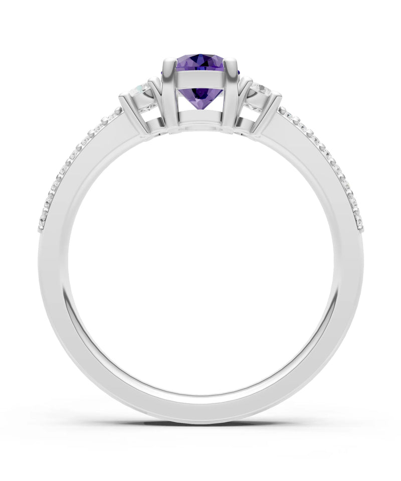 Amethyst Three Stone Double Round Cut Pave Band