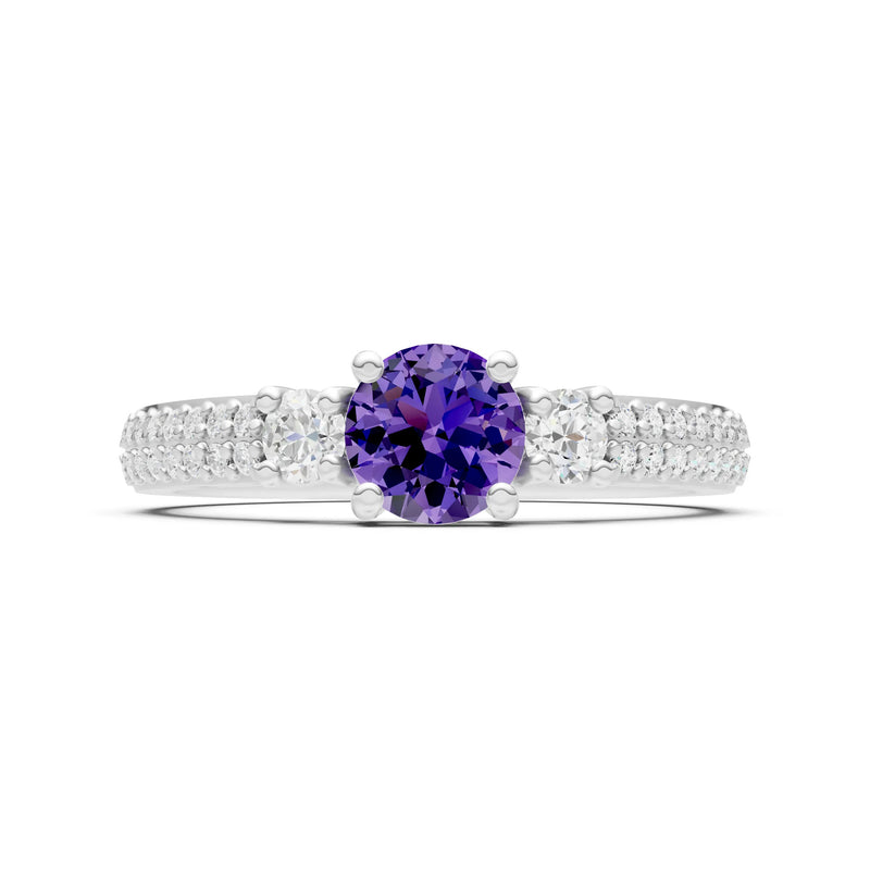Amethyst Three Stone Double Round Cut Pave Band