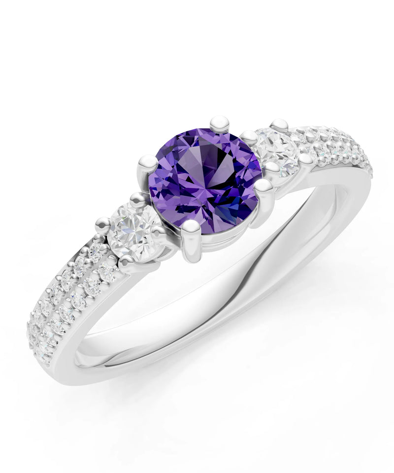 Amethyst Three Stone Double Round Cut Pave Band