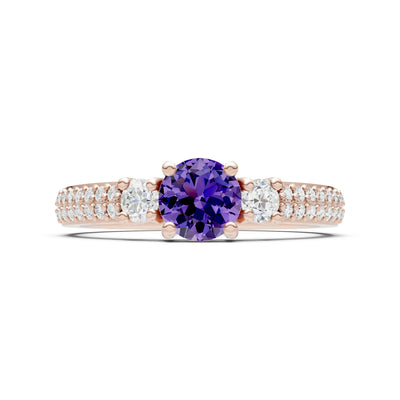 Amethyst Three Stone Double Round Cut Pave Band