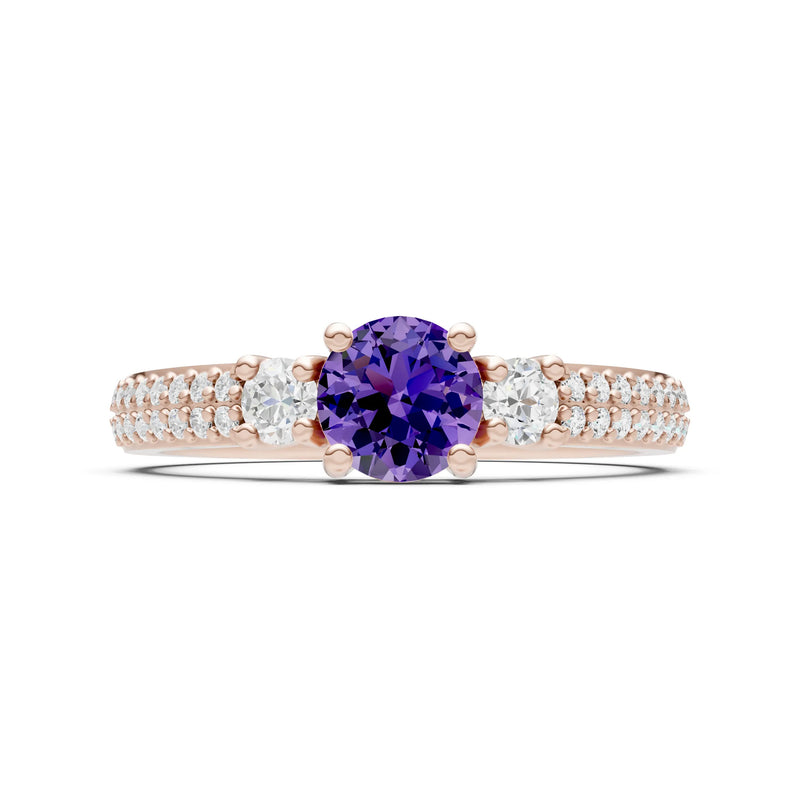 Amethyst Three Stone Double Round Cut Pave Band