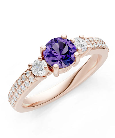 Amethyst Three Stone Double Round Cut Pave Band