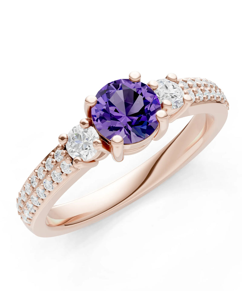 Amethyst Three Stone Double Round Cut Pave Band