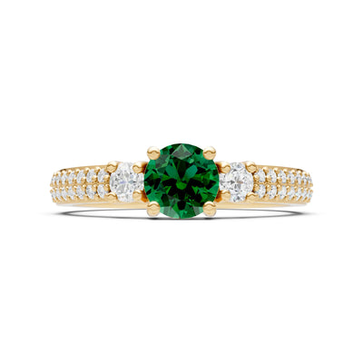 Emerald Three Stone Double Round Cut Pave Band