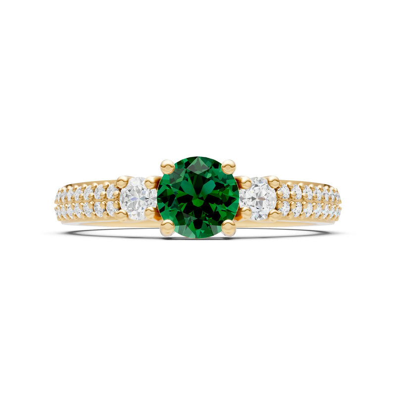Emerald Three Stone Double Round Cut Pave Band