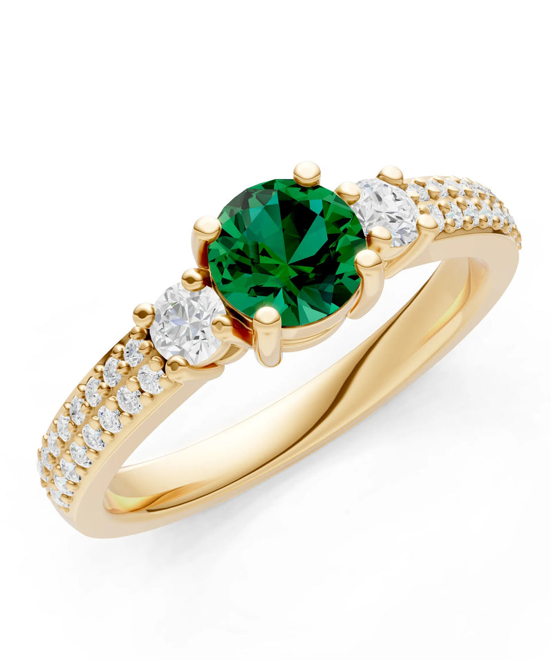 Emerald Three Stone Double Round Cut Pave Band