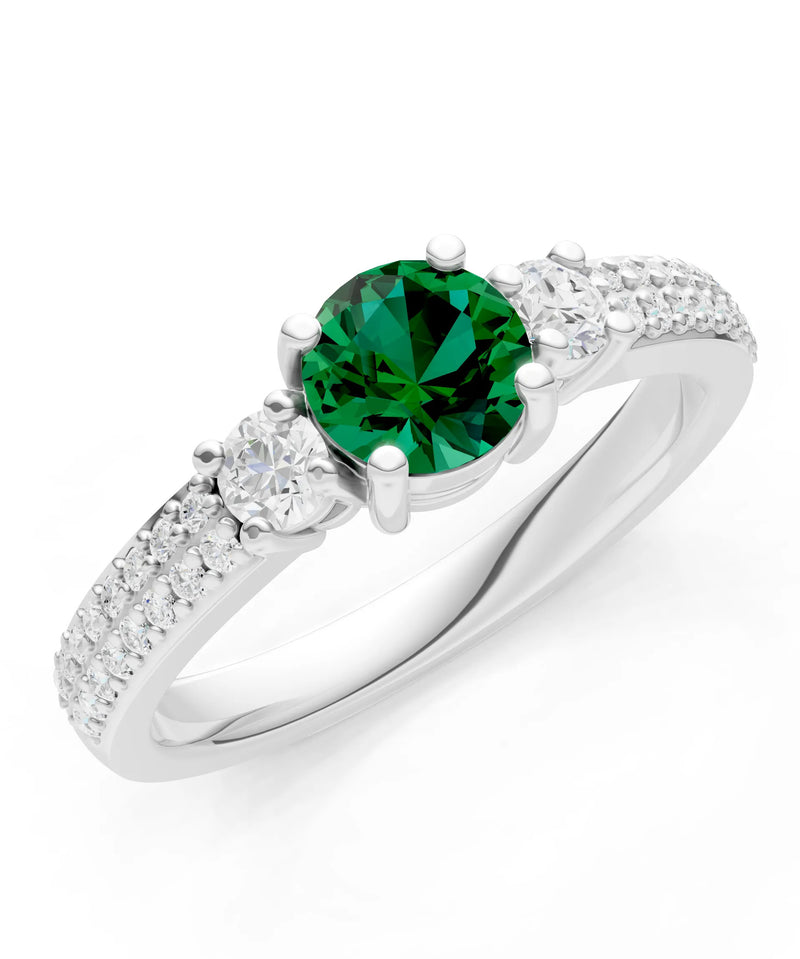 Emerald Three Stone Double Round Cut Pave Band