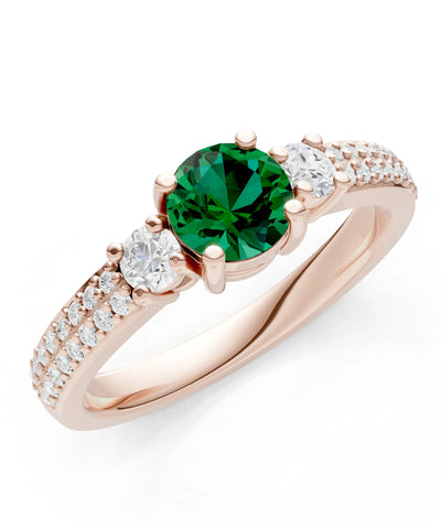 Emerald Three Stone Double Round Cut Pave Band