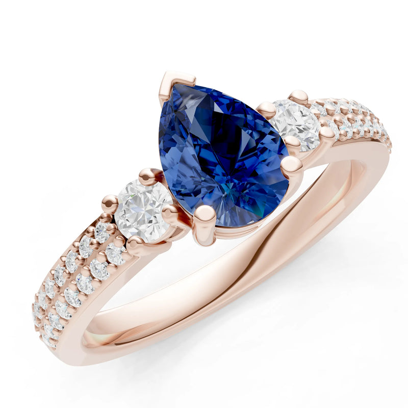 3 Stone Pear Gemstone Double Pave Band