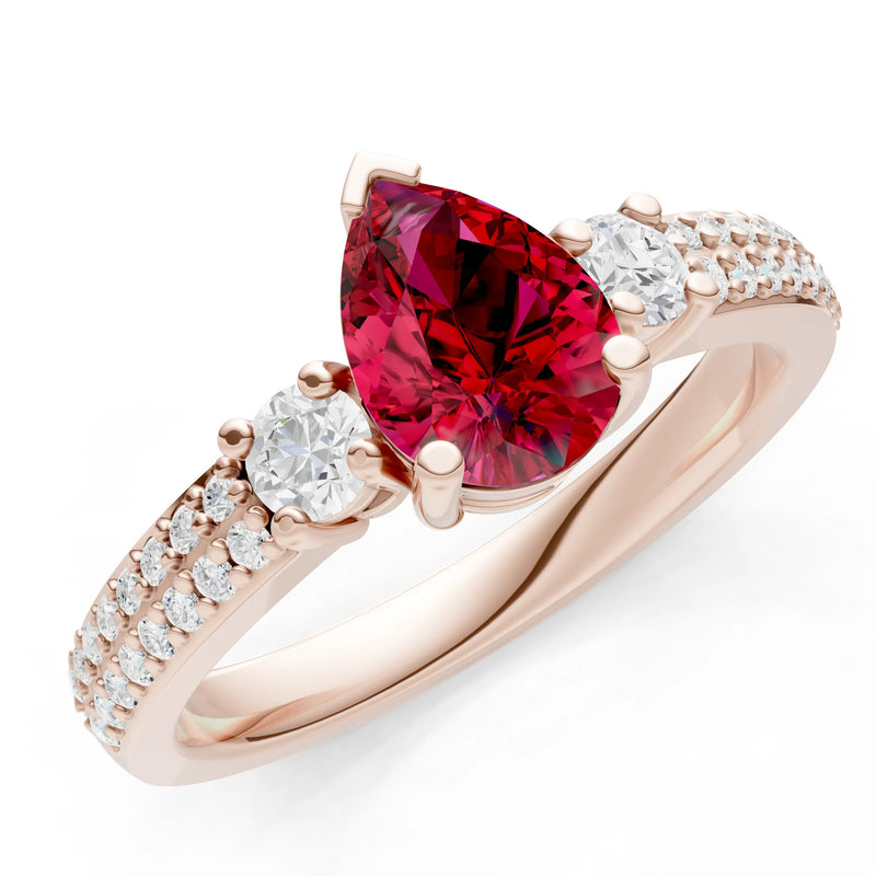 Ruby Three Stone Double Pear Cut Pave Band