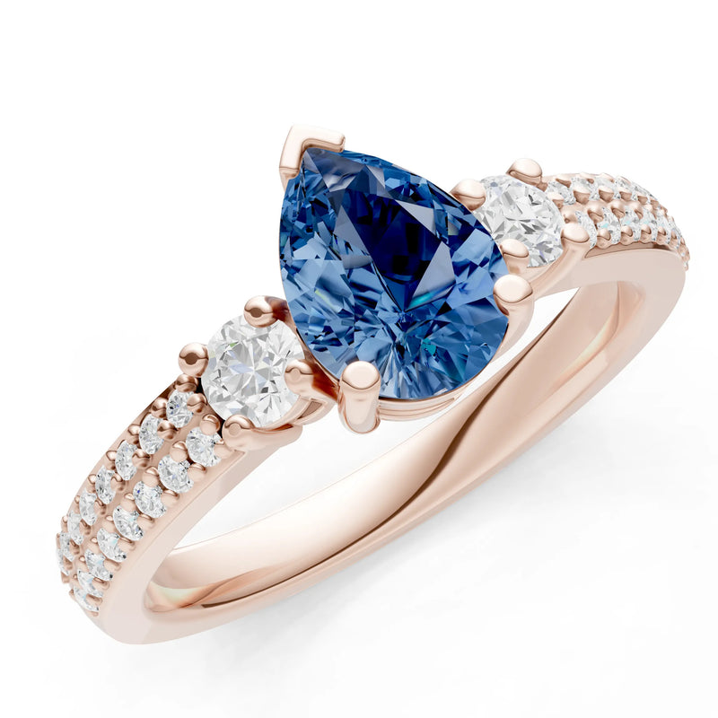 London Blue Topaz Three Stone Double Pear Cut Pave Band