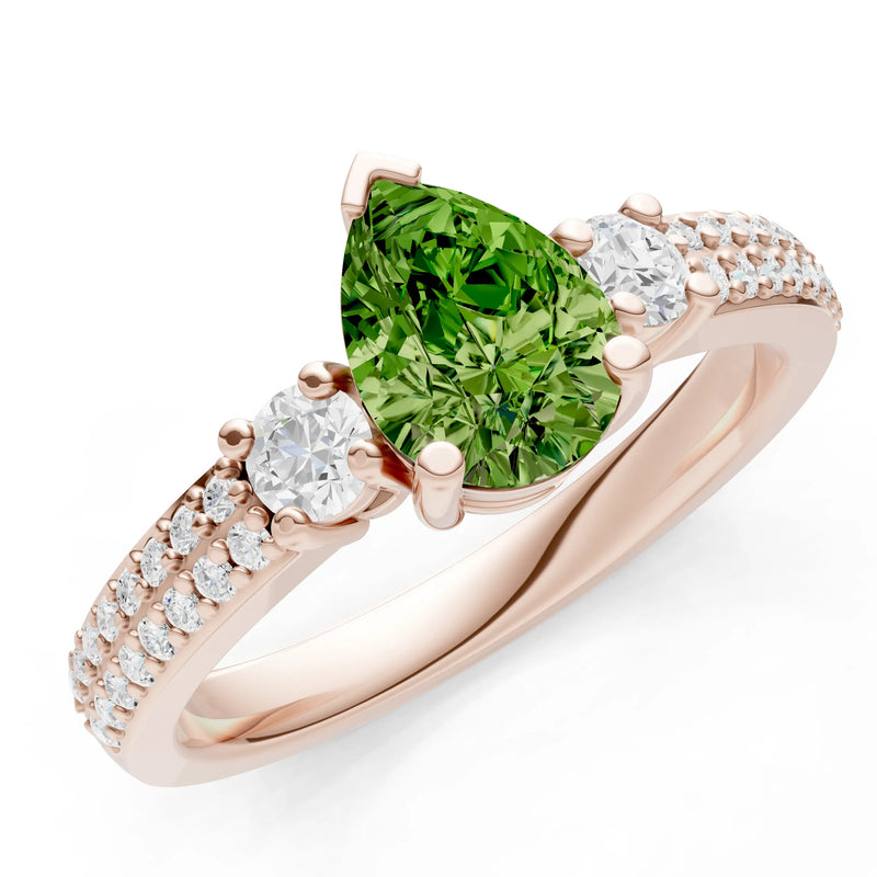 Peridot Three Stone Double Pear Cut Pave Band