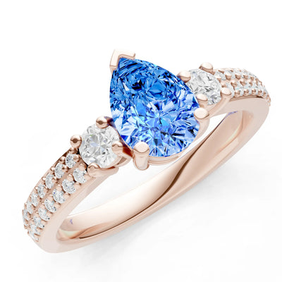 Swiss Blue Topaz Three Stone Double Pear Cut Pave Band