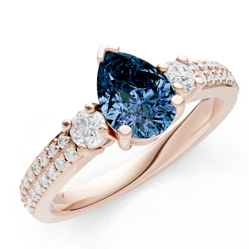 Alexandrite Three Stone Double Pear Cut Pave Band