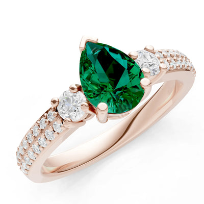 3 Stone Pear Gemstone Double Pave Band