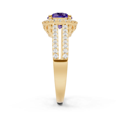 Round Cut Gemstone Halo Double Band Pave