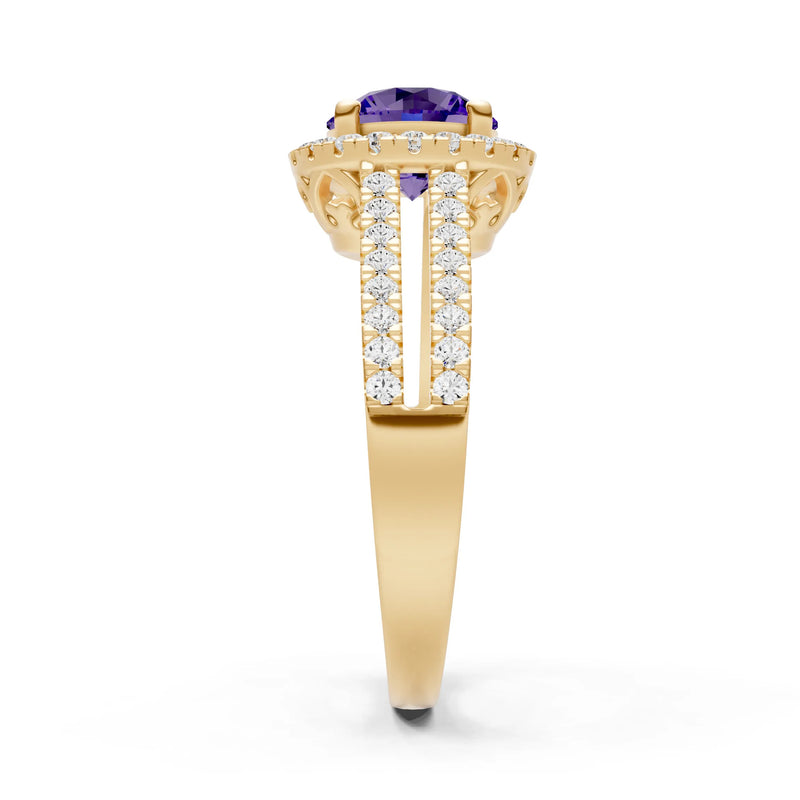 Round Cut Gemstone Halo Double Band Pave