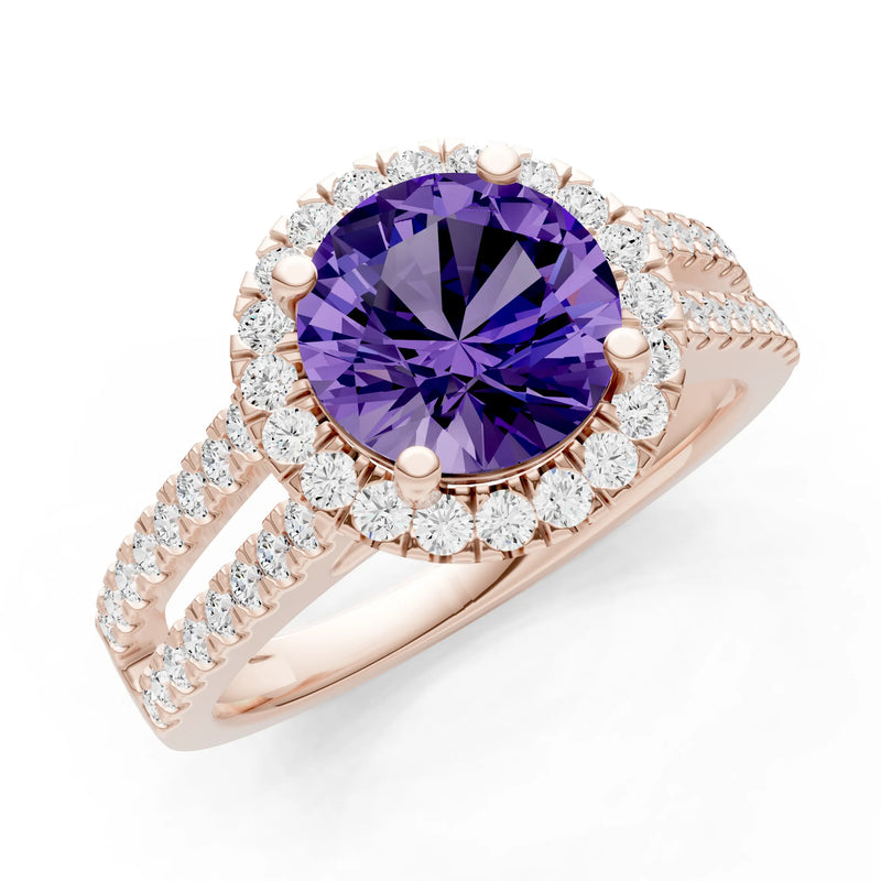 Round Cut Gemstone Halo Double Band Pave