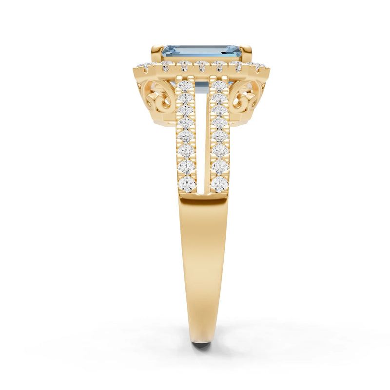 Aquamarine Halo Double Emerald Cut Band Pave