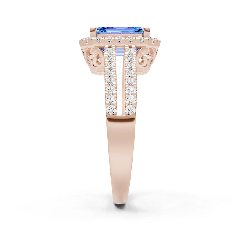 Emerald Cut Halo Double Band Pave