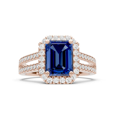 Blue Sapphire Halo Double Emerald Cut Band Pave