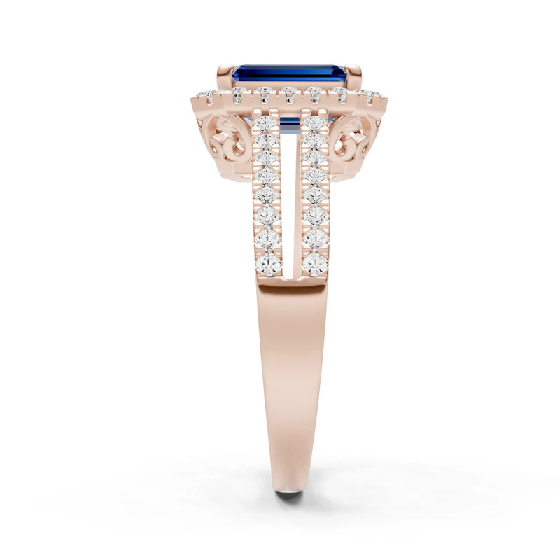 Blue Sapphire Halo Double Emerald Cut Band Pave