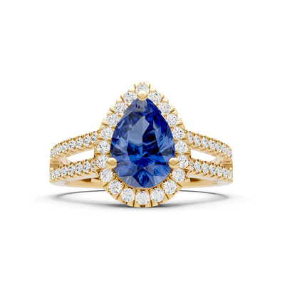 Blue Sapphire Halo Double Pear Cut Band Pave