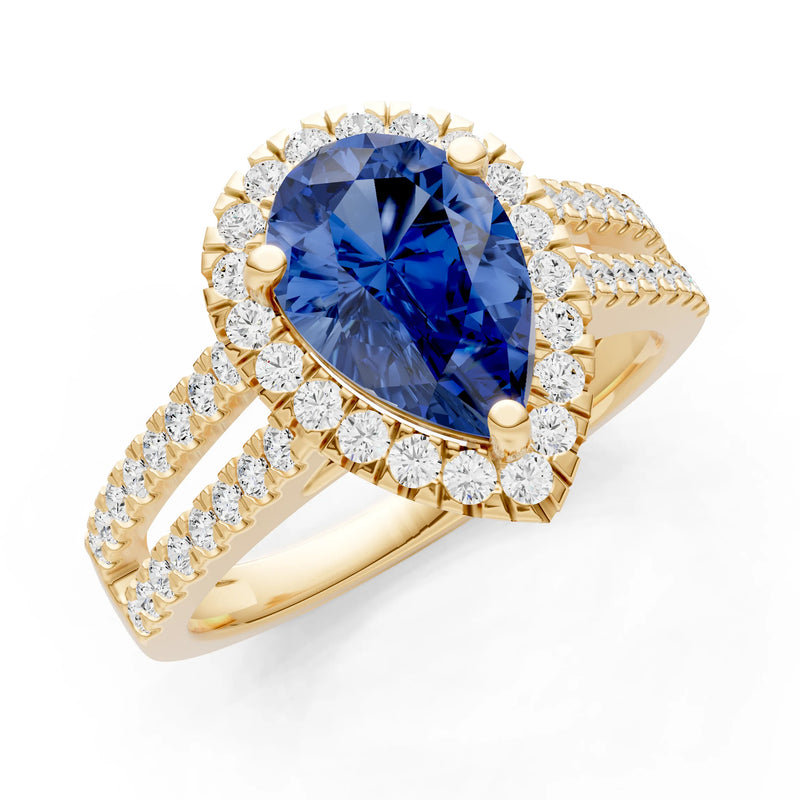 Blue Sapphire Halo Double Pear Cut Band Pave