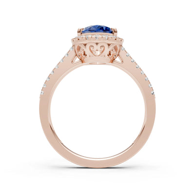 Blue Sapphire Halo Double Pear Cut Band Pave