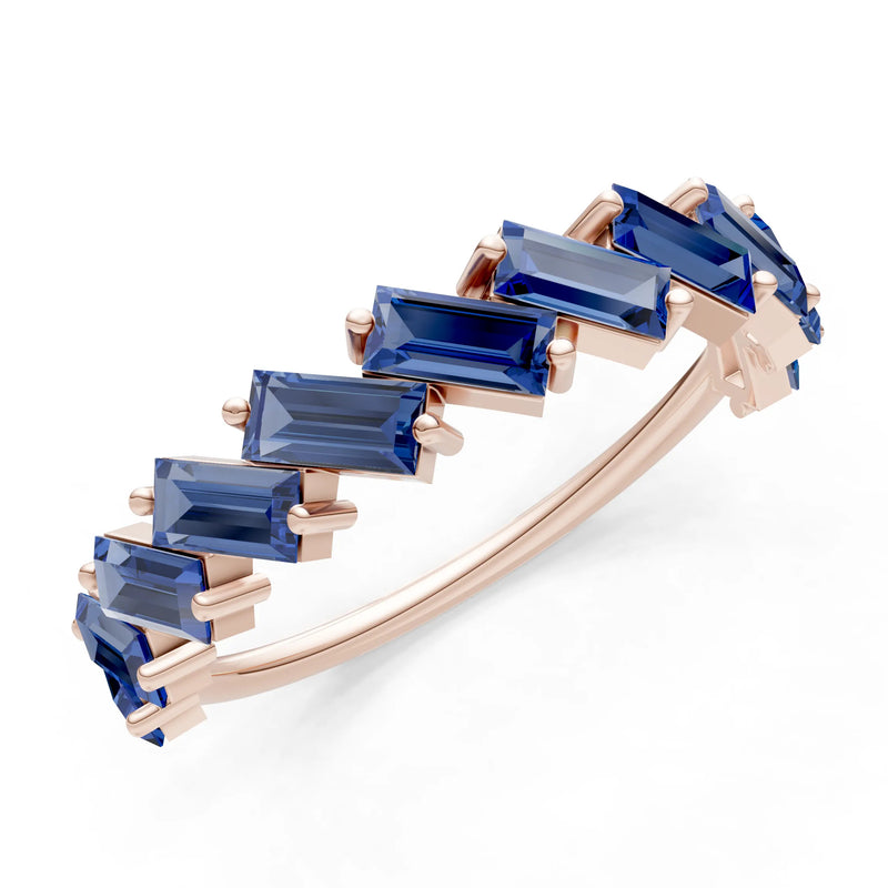 Blue Sapphire Dainty Zigzag Baguette Cut Prong Bar Full Band