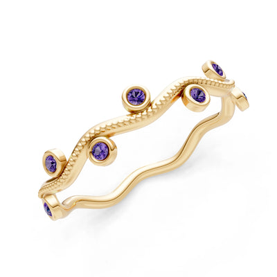 Round Gemstone Dainty Wave Bezel Station Band