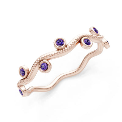 Round Gemstone Dainty Wave Bezel Station Band