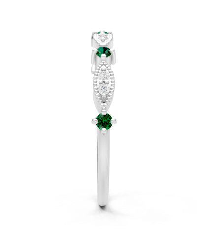 Emerald Dainty Milgrain Multi Stone Round Cut Stack Ring