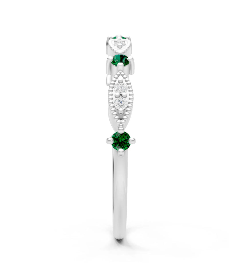 Emerald Dainty Milgrain Multi Stone Round Cut Stack Ring