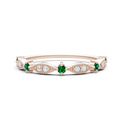 Emerald Dainty Milgrain Multi Stone Round Cut Stack Ring