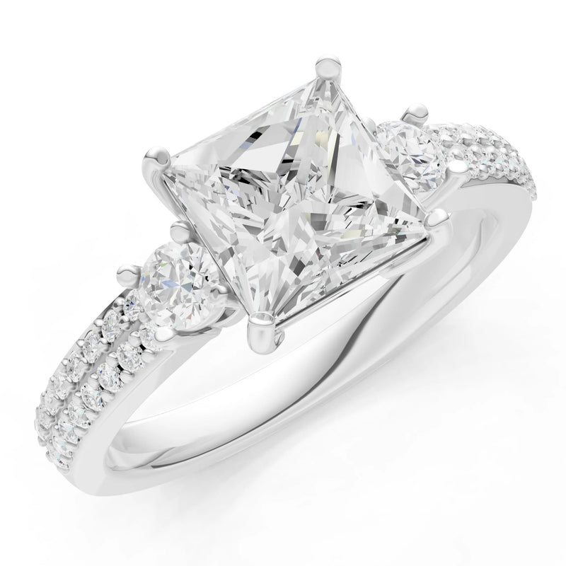 3 Stone Princess Cut Double Pave Band