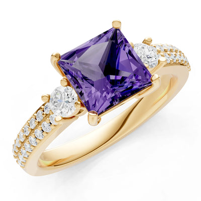 Amethyst Three Stone Princess Cut Double Pave Band