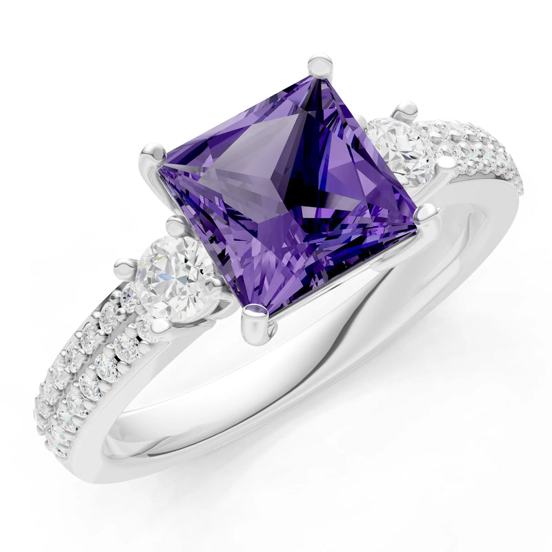 3 Stone Princess Cut Double Pave Band