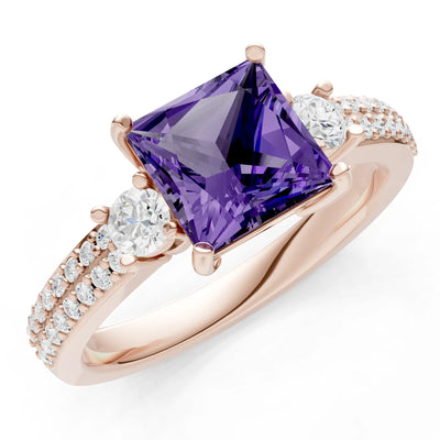 Amethyst Three Stone Princess Cut Double Pave Band
