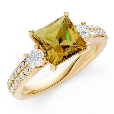 Citrine Three Stone Princess Cut Double Pave Band