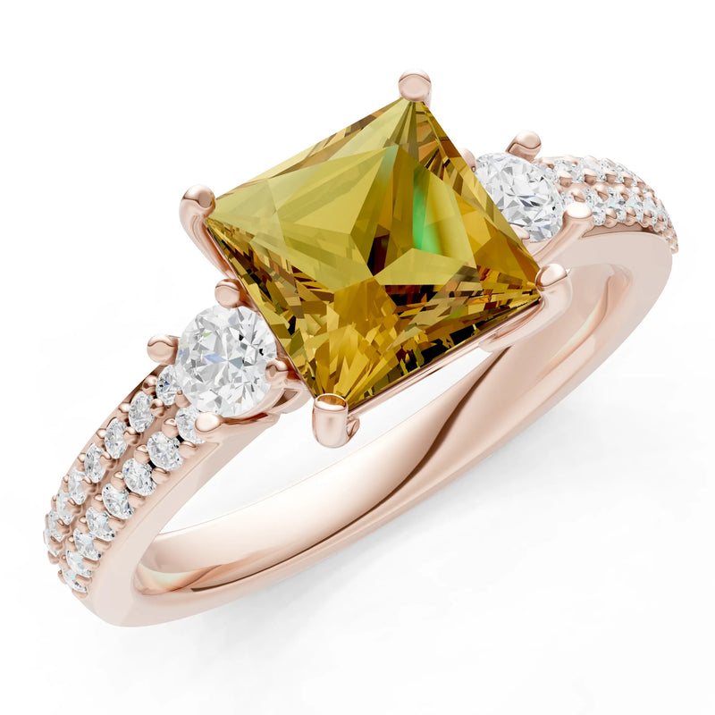 Citrine Three Stone Princess Cut Double Pave Band