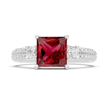 Garnet Three Stone Princess Cut Double Pave Band