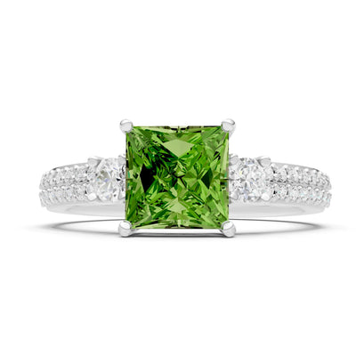 Peridot Three Stone Princess Cut Double Pave Band